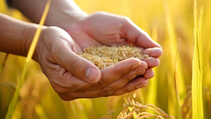 Hands holding rice grains in golden rice field agriculture concept