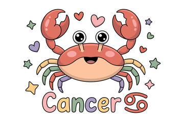 A cute cartoon crab is depicted with hearts and stars, representing the Cancer zodiac sign.