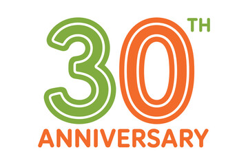 A stylized graphic displays the number 30 in vibrant green and orange outlines, celebrating a significant 30th anniversary.
