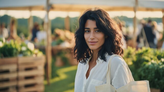 Eco-conscious shopper at farmer’s market carrying reusable tote filled with vegetables; morning sun, wooden crates, and fresh produce convey sustainable local shopping lifestyle.