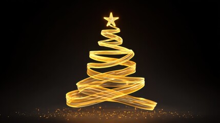 abstract golden christmas tree made of glowing ribbon festive holiday season decoration with star light modern minimal design for greeting card