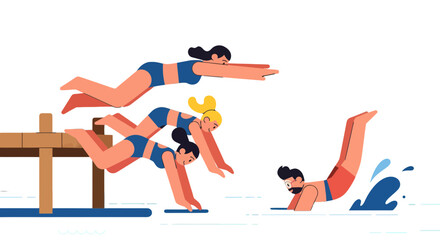 Swimming Friends Enjoy The Dive On The Summer Vacation Into The Refreshing Blue Water