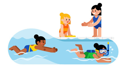 Swimming Friends Enjoying Summer Fun Activities in a Refreshing Bright Blue Pool