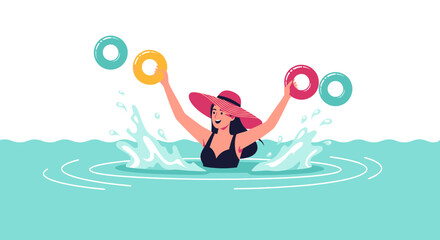 Swimming Fun: Delightful Woman Enjoys Pool Time, Surrounded by Water and Floats