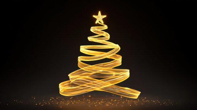 abstract golden christmas tree made of glowing ribbon festive holiday season decoration with star light modern minimal design for greeting card
