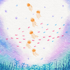 Naklejka premium Undersea watercolor painting with high-quality paper texture.