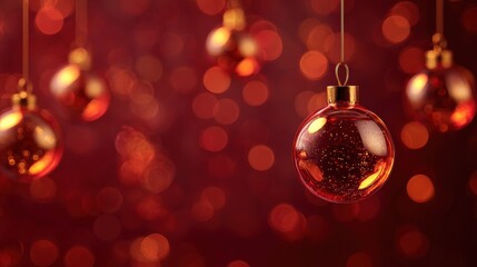 Fototapeta premium glossy amber baubles hang against a deep red backdrop with bokeh lights creating a warm christmas atmosphere with copy space