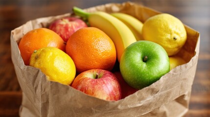 A variety of fresh fruits including apples, oranges, bananas, and lemons fills a paper bag. The scene captures a bright, inviting moment in the afternoon light, perfect for healthy snacking.