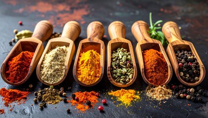 Scoops filled with vibrant, varied spices arranged on a dark textured surface