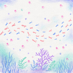 Naklejka premium Undersea watercolor painting with high-quality paper texture.