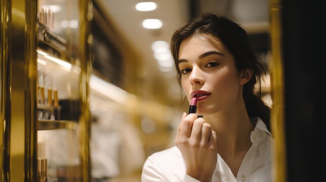 Woman testing lipstick at beauty counter mirror with warm gold fixtures and product testers; elegant cosmetic sampling moment in soft flattering light and perfect complexion.