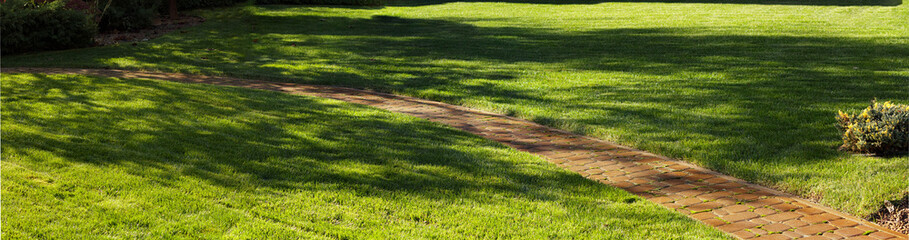 Obraz premium Brick path on green lawn in sunlight