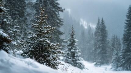 Obraz premium Atmospheric winter forest scene with snow-laden evergreen coniferous trees in foreground and misty blurred forest background during heavy snowfall, cold blue gray tones, serene mood.