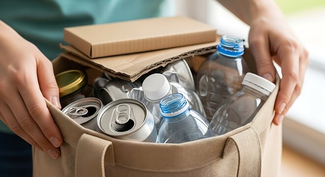 Hands holding a bag full of recyclable materials including plastic bottles and aluminum cans. - Powered by Adobe