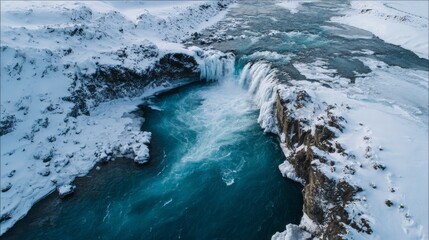 Stunning aerial view of powerful waterfall with bright turquoise blue water flowing between frozen ice formations and snow-covered rocky canyon walls in winter landscape.