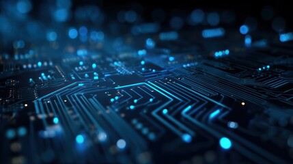 Glowing blue circuit board traces with dark background and bokeh lights.