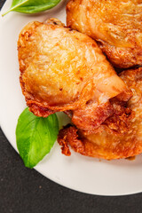 Chicken thighs fried poultry meat dish natural product tasty snack fresh delicious gourmet food background on the table rustic top view copy space