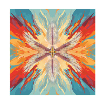 Interpretation of a biblically accurate six winged angel, seraphim with fiery sky motif