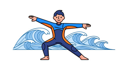 Fototapeta premium Surfer In Wetsuit Practicing Yoga Pose Above The Aquatic Animated Big Wave on Black Backdrop