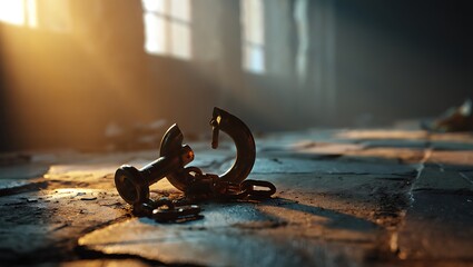 A rusty old anchor rests on a dusty sunlit floor evoking a sense of abandonment and forgotten maritime history in a dimly lit room