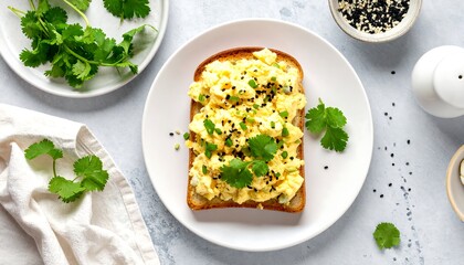 Scrambled eggs on toast, garnished with herbs, presented on white plates with salt and pepper shakers