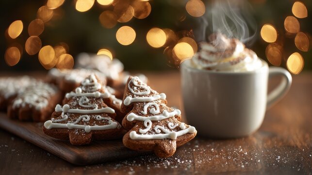 closeup of festive christmas cookies shaped like trees with white icing whipped cream and steaming hot chocolate on a wooden table warm golden bokeh lights in the background
