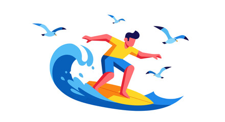 Fototapeta premium Surfer Riding the Wave with Seagulls Illustration Depicting Active Ocean Lifestyle