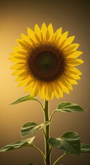 A magnificent, solitary sunflower stands tall, bathed in golden light, its vibrant yellow petals and intricate center showcased against a soft backdrop ,stem ,flower ,peaceful