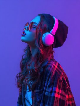 hipster igen teen pretty fashion girl model wear stylish glasses headphones enjoy listen new cool music mix stand at purple studio background in trendy 80s 90s club blue party light profile view no l