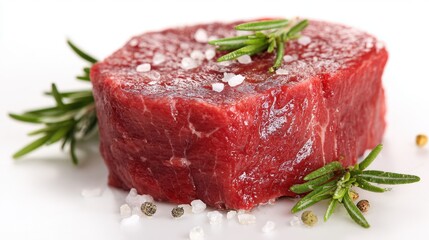 A thick, red beef steak is displayed on a white surface, garnished with fresh rosemary and sprinkled with coarse salt and colorful peppercorns for flavor enhancement.