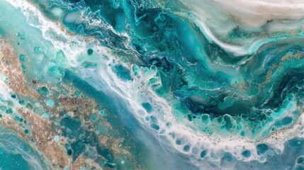Beautiful patterns of turquoise and white swirl together like ocean waves, creating an abstract design that captivates the eye. The textures and shades evoke a serene yet dynamic atmosphere.