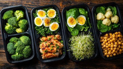 Colorful containers are filled with a variety of fresh vegetables, boiled eggs, lean chicken, and chickpeas, perfect for a nutritious meal prep. This setup is ideal for maintaining a healthy diet.