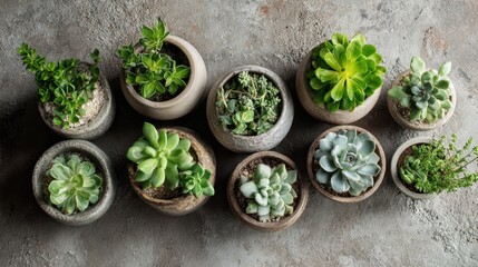 Small succulent plants of different varieties fill round pots, showcasing a natural green palette. Arranged on a textured surface, this setup enhances indoor decor with freshness.