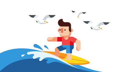 Surfer Riding Wave With Seagulls in the Black Night Sky, Surfing Illustration