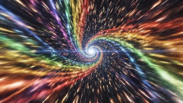 Abstract visualization of high-speed travel through a spiraling rainbow vortex