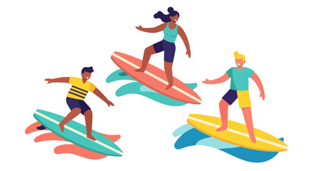 Obraz premium Surfers Enjoying Riding Waves With Colorful Surfboards While Having Fun In The Summer Season