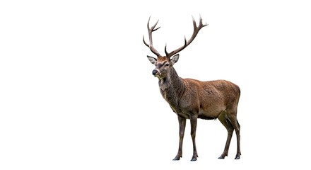 A majestic hart stands proudly against a pristine white backdrop, showcasing its impressive antlers and regal posture in natural light ,simple ,deer ,strong