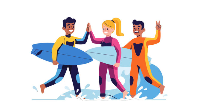 Surfers Celebrating Victory With High Fives and Holding Surfboards Amidst Water - Powered by Adobe