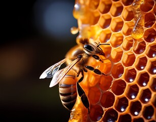 A Honeybee Guarding Golden Honeycomb Cells, Dripping with Sweet Nectar in Stunning Macro Detail.