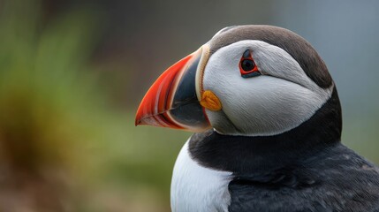 Brightly colored puffin stands in its habitat, showcasing its unique orange beak and curious expression against a blurred green background. Nature shines in the backdrop.