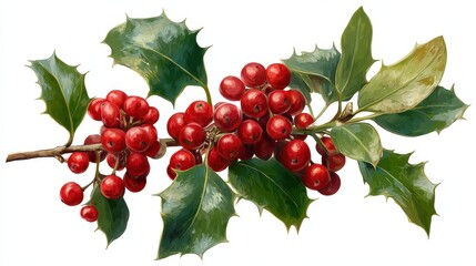 european holly branch with clusters of bright red berries and glossy spiny leaves isolated on clean white background christmas decor natural element holiday symbol