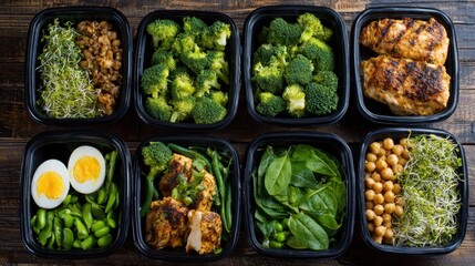 Colorful black containers hold grilled chicken, broccoli, spinach, chickpeas, and boiled eggs, showcasing a week's worth of healthy meals ready for a balanced diet.