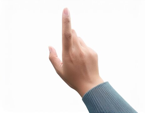 Hand pointing upwards, isolated on white, symbolizing selection, choice, or digital interaction, with focus on the index finger.