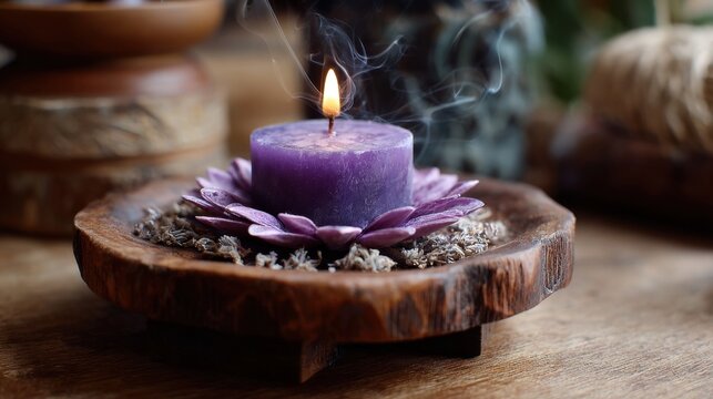 A beautifully crafted purple candle burns gently on a round wooden plate. Surrounding it are dried flowers and natural elements that create a calming atmosphere.
