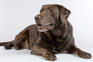 Fototapeta premium Labrador retriever relaxing indoors on a clean white surface