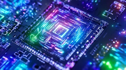 A circuit board with a processor emitting neon blue, purple, and green light. Close-up shot - Powered by Adobe