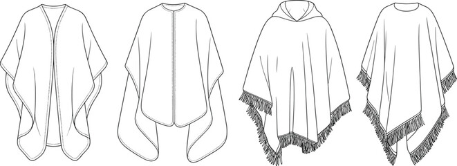 Poncho cape fashion design, women outerwear CAD flat sketch, vector illustration of fringe poncho and cloak template for designers