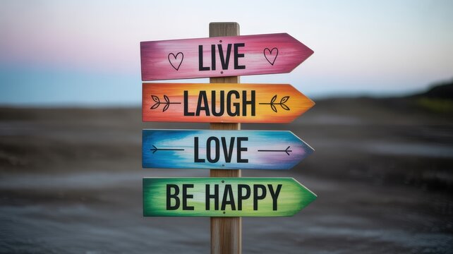 Motivational wooden signpost with live laugh love be happy words