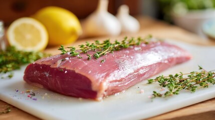 Fresh pork tenderloin rests on a cutting board, seasoned with thyme and surrounded by garlic and lemons. Perfect for a flavorful home-cooked meal.