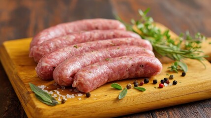 Five raw sausage links rest on a wooden cutting board, surrounded by fresh herbs and spices, ready for cooking. The scene captures a focus on quality ingredients.